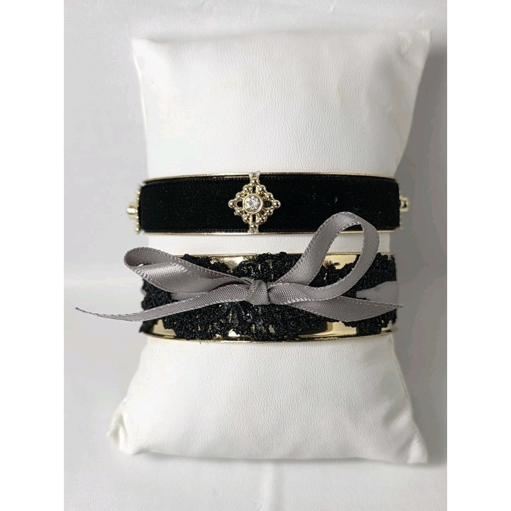 Gold Tone Velvet Lace Bangle Bracelet Set Black Grey Bow Rhinestone Cross Gothic